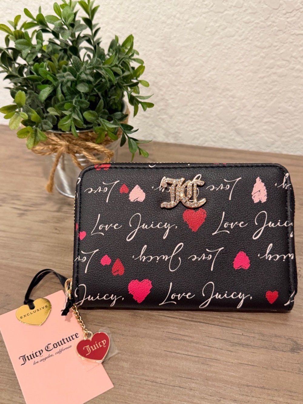 Juicy Couture Black Wallet with Pink and Red Heart Print